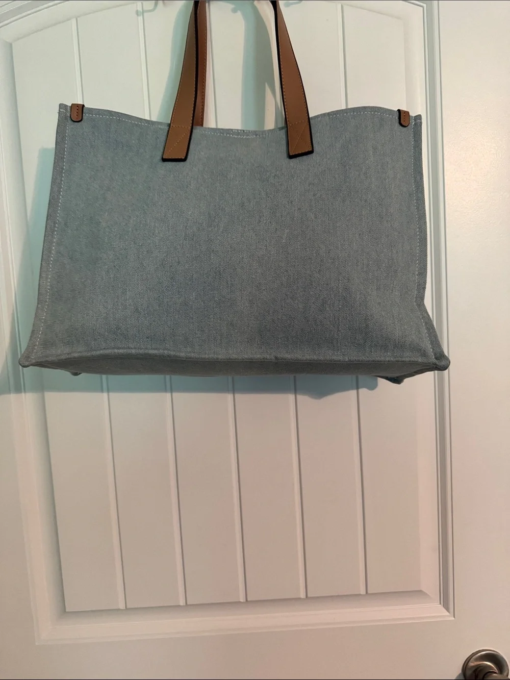 True Religion Blue Canvas Tote with Tan Leather Handles
